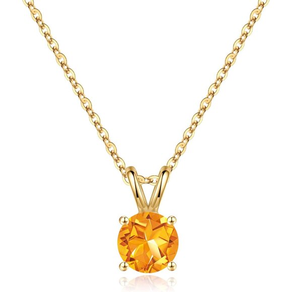 Birthstone Necklace for Women Mom Wife 1ct Round Cut Citrine Pendant 18K Gold